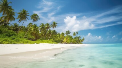 Tropical beach with leaning coconut trees on a fine day.