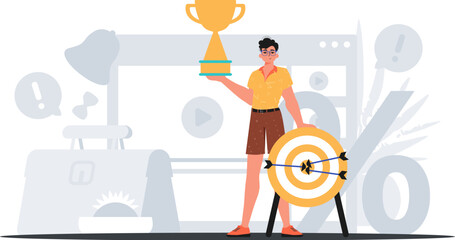 The Earth holds the achiever 's cup in his cultivate pull . winner concept. Trendy style, Vector Illustration