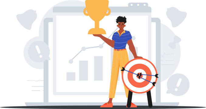 The world holds the achiever 's cup in his cultivate pull . winner concept. Trendy style, Vector Illustration