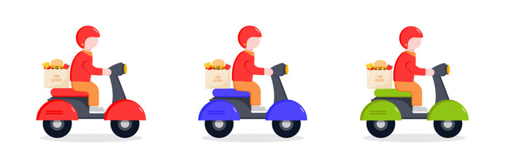 Online shopping, Food delivery. Icons to express, delivery Home. Set of Motorcycle Delivery Service, Male Courier on Scooter with Parcel in Box. Vector illustration