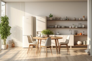 Housing estate, new apartment for sale modern renovation white furniture with cutlery Shelves with crockery and plants in pots. Fridge in simple dining room, free space