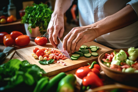 Close up photo of a pair of hands preparing a fresh healthy vegan salad