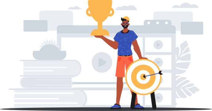 The Earth holds the achiever 's cup in his domesticate pull . achiever concept. Trendy style, Vector Illustration