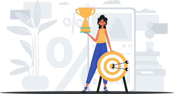 The daughter holds the achiever 's cup in his handwrite . achiever concept. Trendy style, Vector Illustration