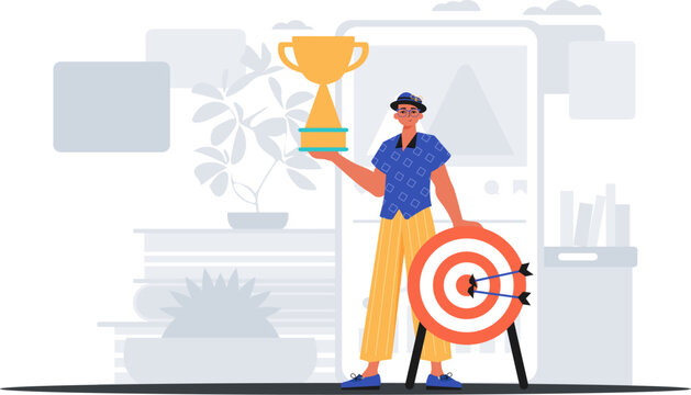 The Earth holds the achiever 's cup in his domesticate pull . achiever concept. Trendy style, Vector Illustration
