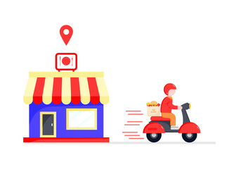 Online shopping, Food delivery. Icons to express, delivery Home. The concept of safe delivery, by the red scooter, moped, motorcycle. Flat style. Vector illustration