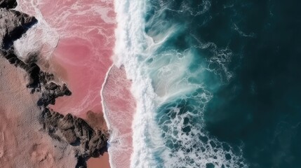 Top view of waves approaching a pink, rocky shoreline.