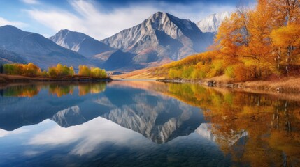 A serene image of a mountain lake surrounded by fall foliage.