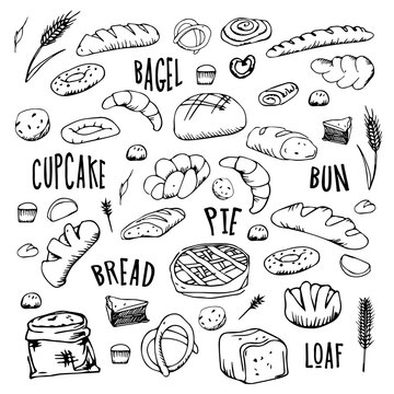 bread outline pattern. Drawing rye, whole grain and wheat bread, pretzel, muffin, pita bread, ciabatta, croissant, bagel, toast bread, French baguette for bakery menu decoration. Vector illustration.