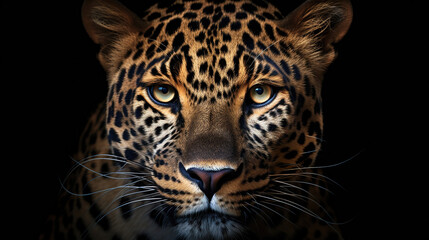 Fototapeta na wymiar Jaguar face on black background. Generative Ai