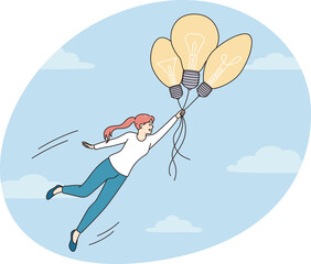 Fototapeta premium Motivated woman flying in sky on lightbulbs