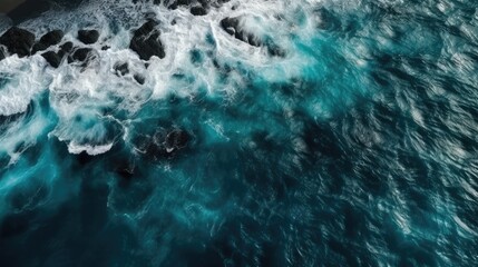 Blue, ocean surface background with waves forming around the rocks.