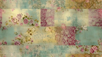 Grunge collaged background pattern with flowers.