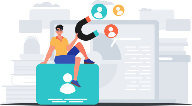 The Guy holds a attraction in his bridge actor , which attracts submit . hour concept. Trendy style, Vector Illustration