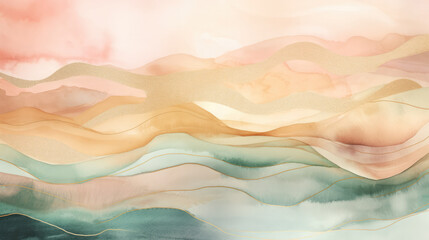 Abstract watercolour landscape background in pastel earthy tones and metallic gold linings.   