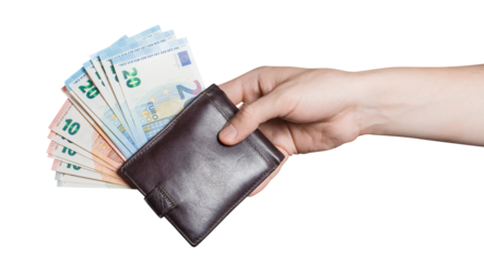 Hand giving a leather purse full of euro banknotes, cut out