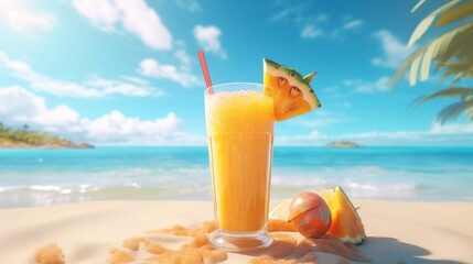Tropical drink on sandy beach, summer vibes, 3D illustration,Ai Generative