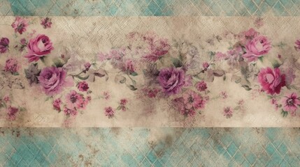 Grunge vintage floral background with purple roses and muted hues.