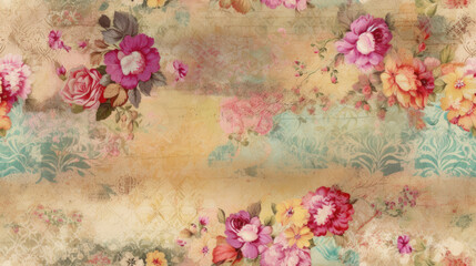 Grunge vintage background design with pink flowers and distressed patterns.