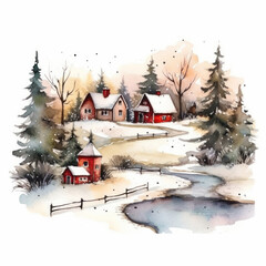 Snowy cozy Christmas village with wooden red houses in fir tree forest, watercolor, ai generative
