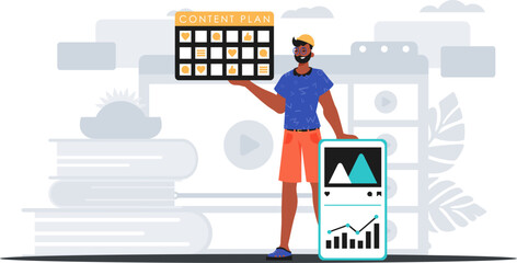 The blase refer is holding a message purpose in his hired hired hand . digital grocery store concept. Trendy style, Vector Illustration