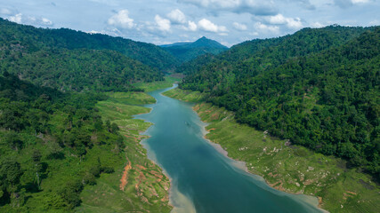 Aerial view tropical green forest and river with mountains in background, Green tree forest view...