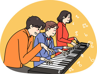 Happy family musician play same piano
