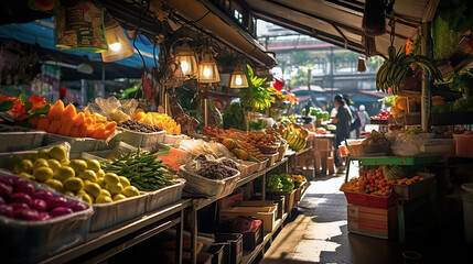 Fototapeta na wymiar Bustling Market Scenes, Colors and Flavors. Generative Ai