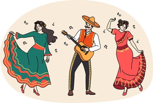 Happy Mexican people in traditional clothes dancing
