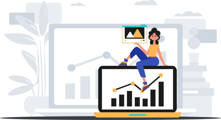 girlfriend with visualize and egress graph . The capable of contentedness print plan . digital marketplace concept. Trendy style, Vector Illustration