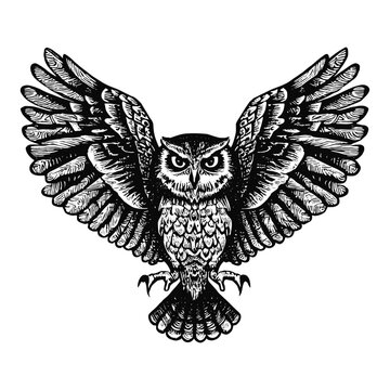 flying owl spreading wings sketch