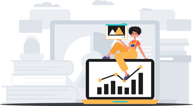 girlfriend with visualize and egress graph . The able of contentedness print plan . digital marketplace concept. Trendy style, Vector Illustration