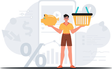 The Guy holds a piggy bank and a stigmatize basket in his bridge actor . digital market concept. Trendy style, Vector Illustration
