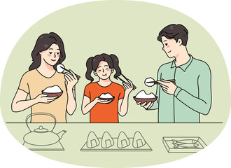 Fototapeta premium Family with kid enjoy Asian food
