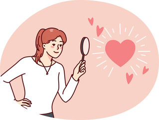 Woman using magnifier looking for love