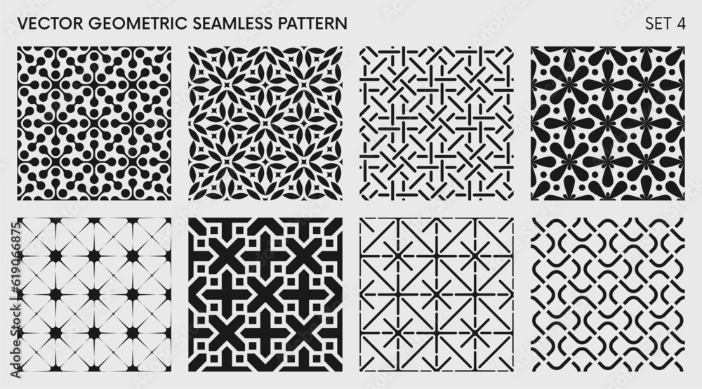 Poster Seamless vector elegant abstract geometric pattern for various design, Black and white rhythmic repeating texture, creative modern background with element various shapes, set 4
