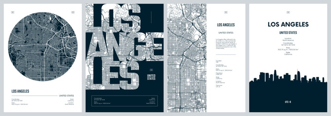 Set of travel posters with Los Angeles, detailed urban street plan city map, Silhouette city skyline, vector artwork - 619066869