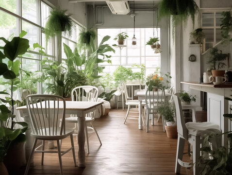 Interior Design Of A Cafe With White Counter, Bakery Display, Wooden Counter With Chairs By Window. Morning Sunlight, Hanging Plants Background. Generative AI.