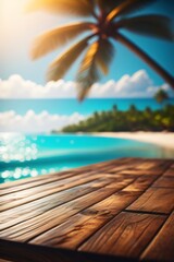 Fototapeta premium photo wooden table with background tropical beach for product stand made with Generative AI