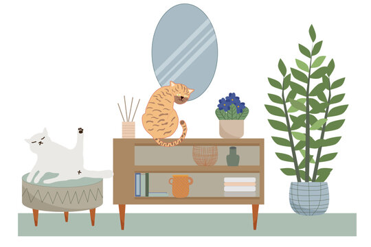 Living room interior in a modern style with cute cats. Vector flat illustration.
