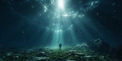 underwater scene with rays and man , AI generative