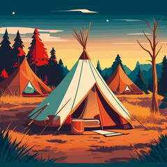 illustration camping site indian native american - obrazy, fototapety, plakaty