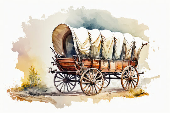 Wild west style covered wagon, watercolor illustration generative AI
