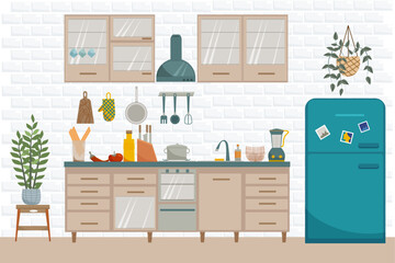 Vector flat interior of kitchen. Furnitures such as stove, cupboard, dishes and fridge in modern style.