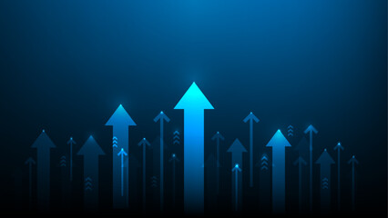 business arrow up investment growth on blue background.