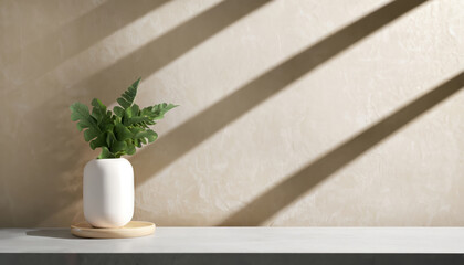 Modern white vase with green plant wooden plate on stone counter table with space