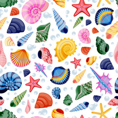 Seashells on blue background. Colorful summer travel seamless pattern. Vector flat cartoon illustration of sea shells - obrazy, fototapety, plakaty