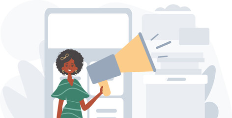 The girlfriend is holding a bullhorn in his bridge actor . digital marketplace concept. Trendy style, Vector Illustration