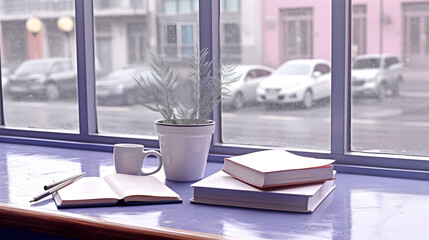 cafe and library aesthetic by a rainy window, some plants Pastel and lavender Generative AI