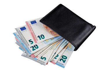 Euro banknotes in a black leather wallet, cut out